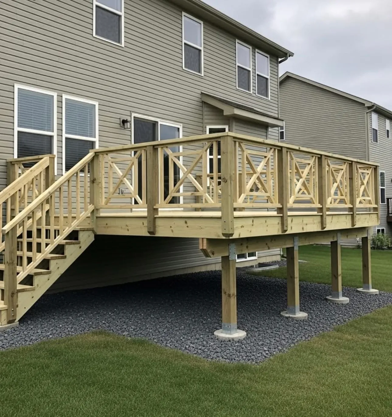A raised pressure-treated deck on posts with an X-pattern railing and stairs